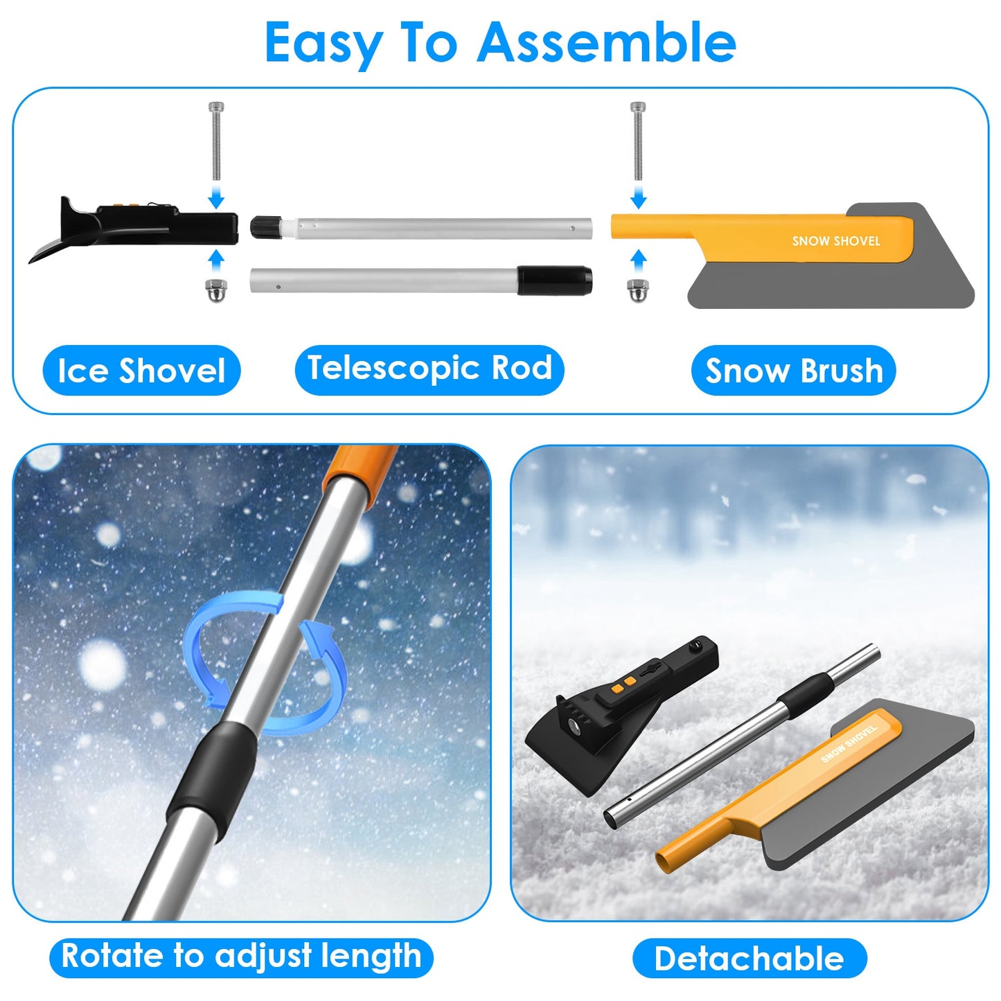 3-in-1 Car Snow Removal Kit with LED Light – Telescopic Snow Brush, Ice Scraper & Shovel