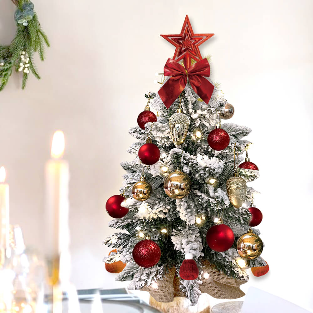 2ft Mini Christmas Tree with Lights – Artificial Flocked Snow Tabletop Decor for Home & Office