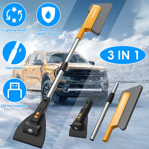 3-in-1 Car Snow Removal Kit with LED Light – Telescopic Snow Brush, Ice Scraper & Shovel