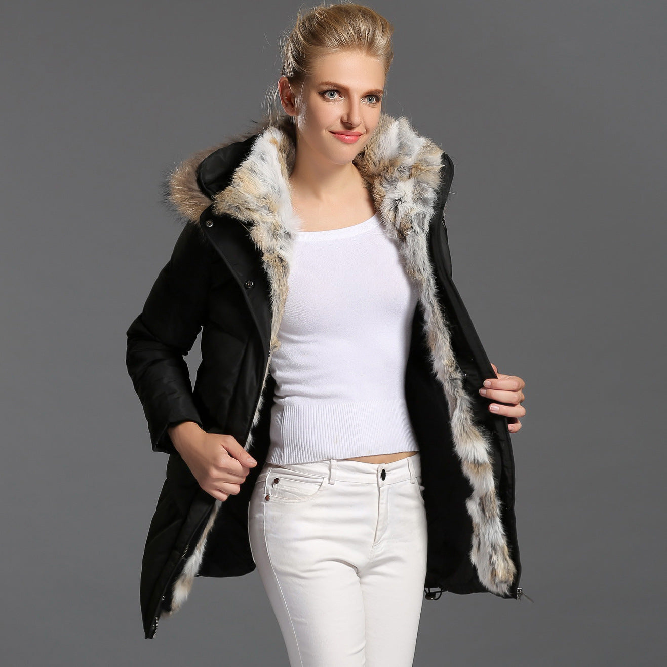 Women’s Luxury Rabbit Fur Trim Down Puffer Coat – Mid-Length Padded Winter Jacket