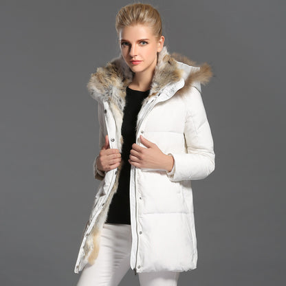 Women’s Luxury Rabbit Fur Trim Down Puffer Coat – Mid-Length Padded Winter Jacket