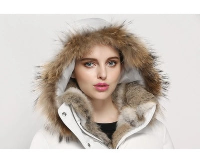 Women’s Luxury Rabbit Fur Trim Down Puffer Coat – Mid-Length Padded Winter Jacket