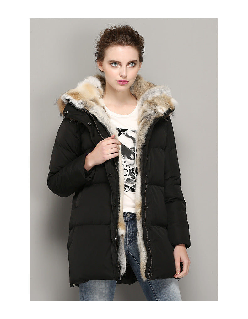 Women’s Luxury Rabbit Fur Trim Down Puffer Coat – Mid-Length Padded Winter Jacket