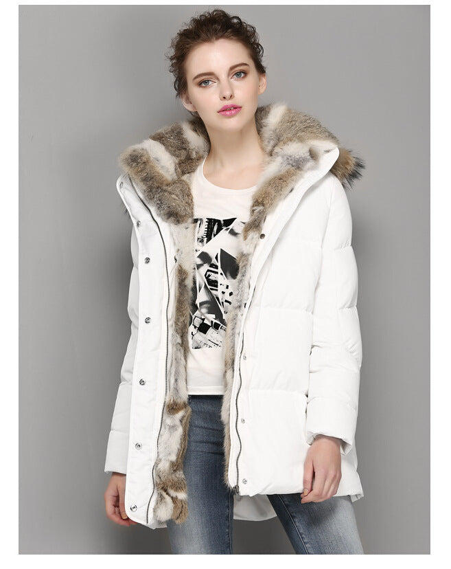 Women’s Luxury Rabbit Fur Trim Down Puffer Coat – Mid-Length Padded Winter Jacket