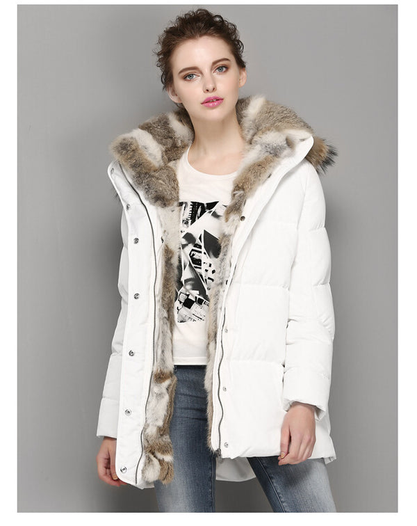 Women’s Luxury Rabbit Fur Trim Down Puffer Coat – Mid-Length Padded Winter Jacket