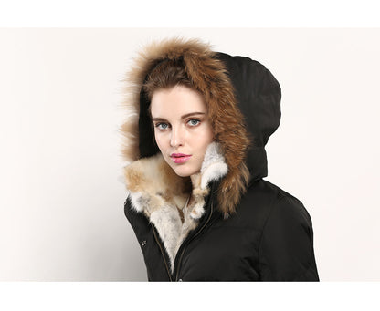 Women’s Luxury Rabbit Fur Trim Down Puffer Coat – Mid-Length Padded Winter Jacket